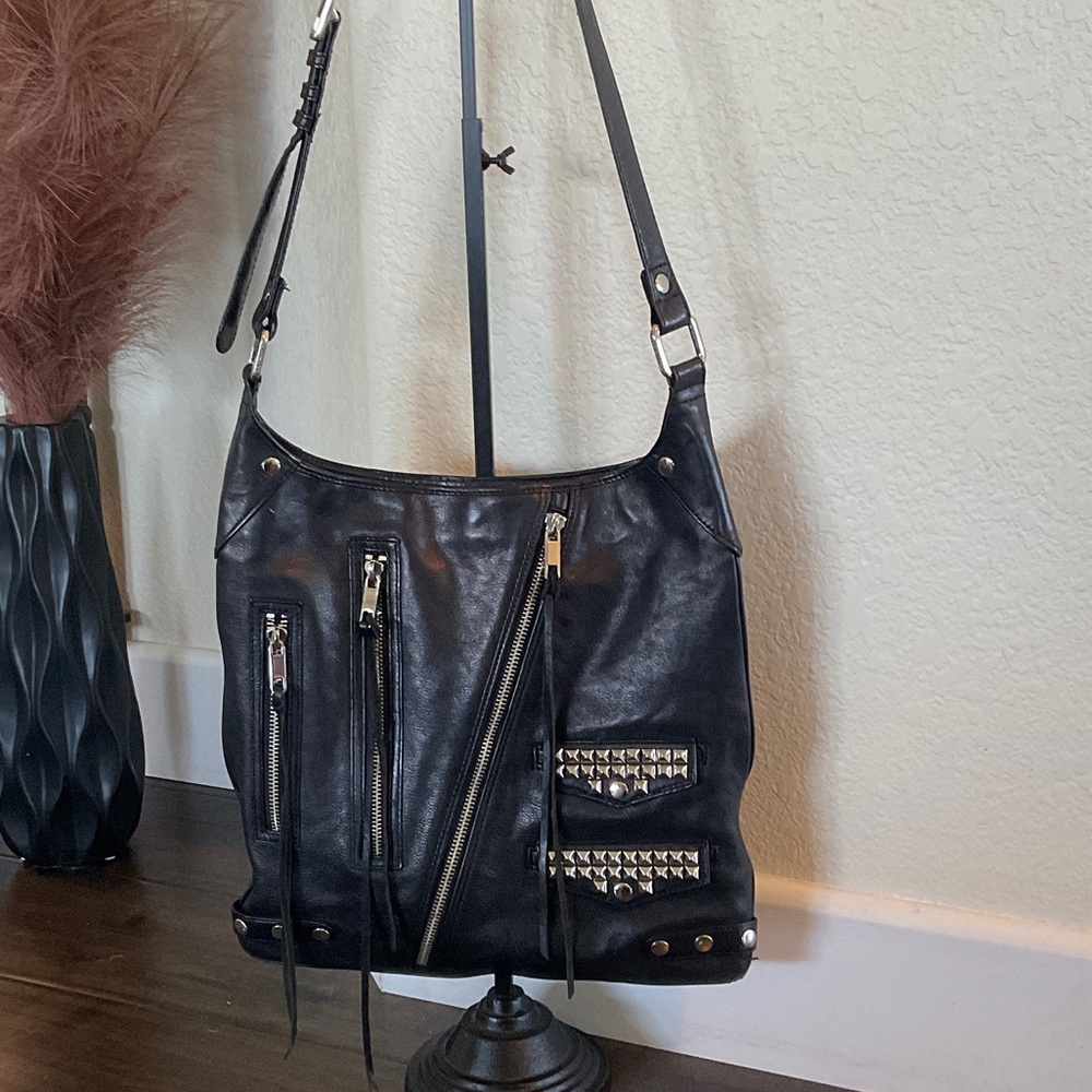 Rebecca Minkoff Black Moto Leather Shoulder Bag with Studs